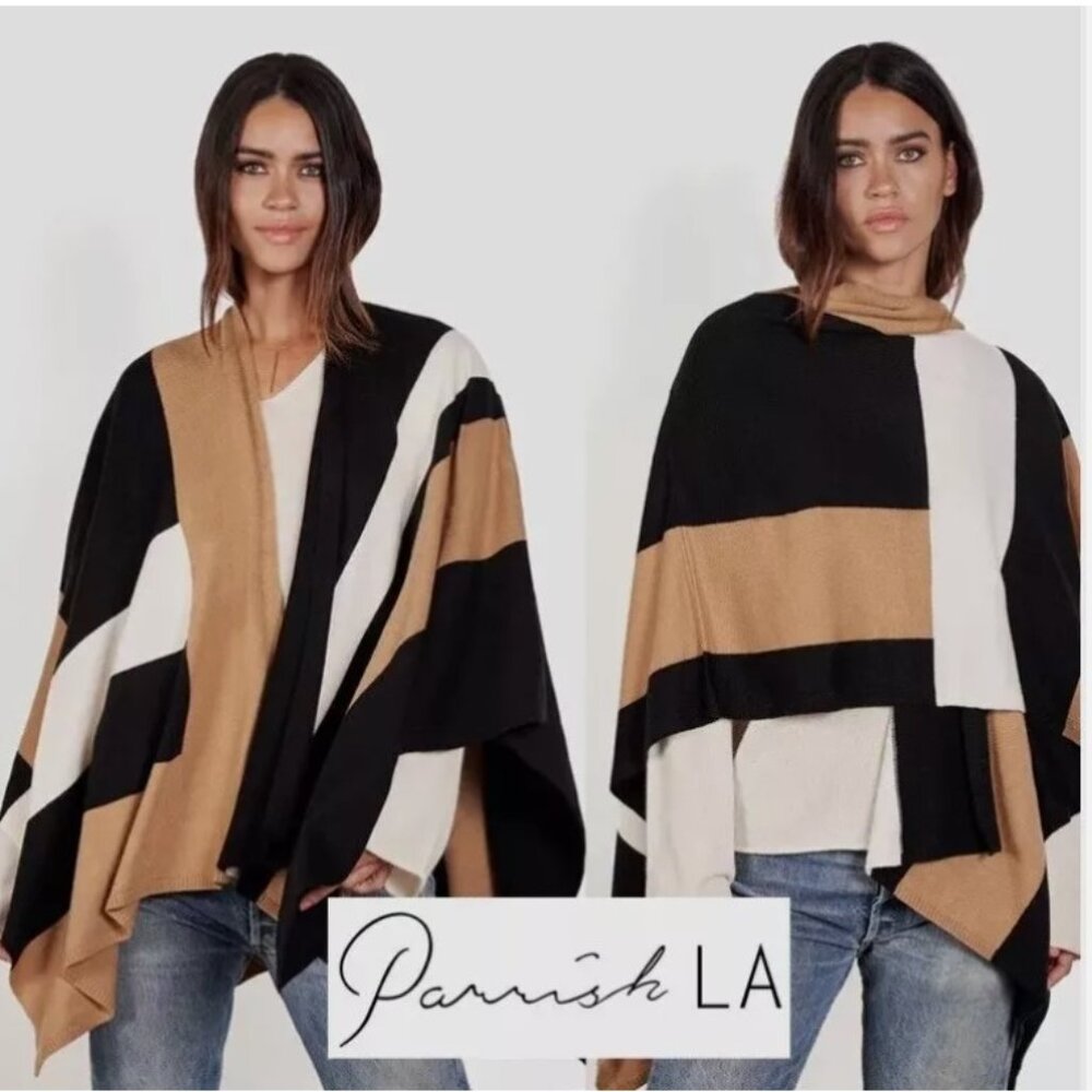 NWT Parrish LA Stevie Poncho Geometric Stripe Black/White/Beige One Size